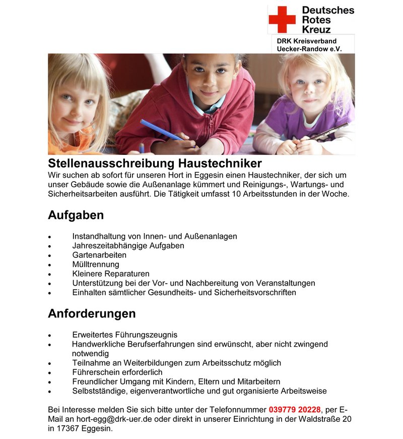 zeigt Stellenausschreibung Haustechniker